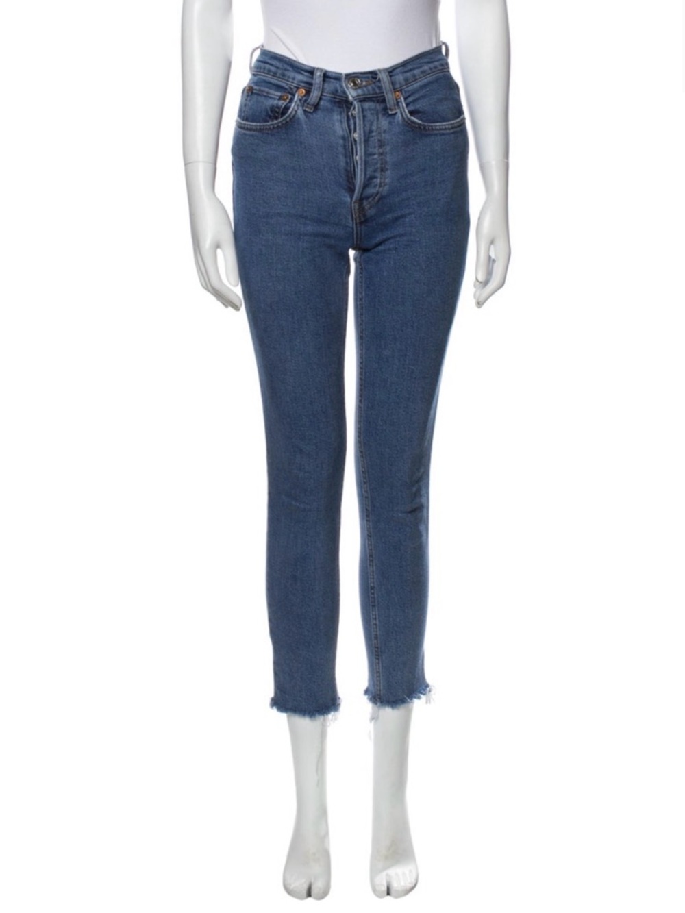Re/Done Indigo High-Rise Cropped Skinny Jeans with Frayed Hem